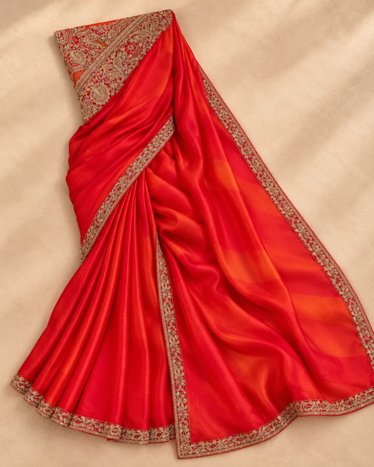 The red sparkle chiffon saree laid flat on a cream cloth, showing its orange shading and gold border