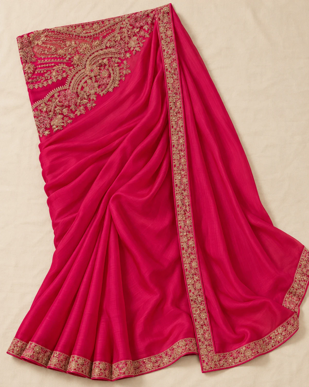 The rani pink satin chiffon saree laid flat on a cream cloth, showing its gold embroidered border and pallu