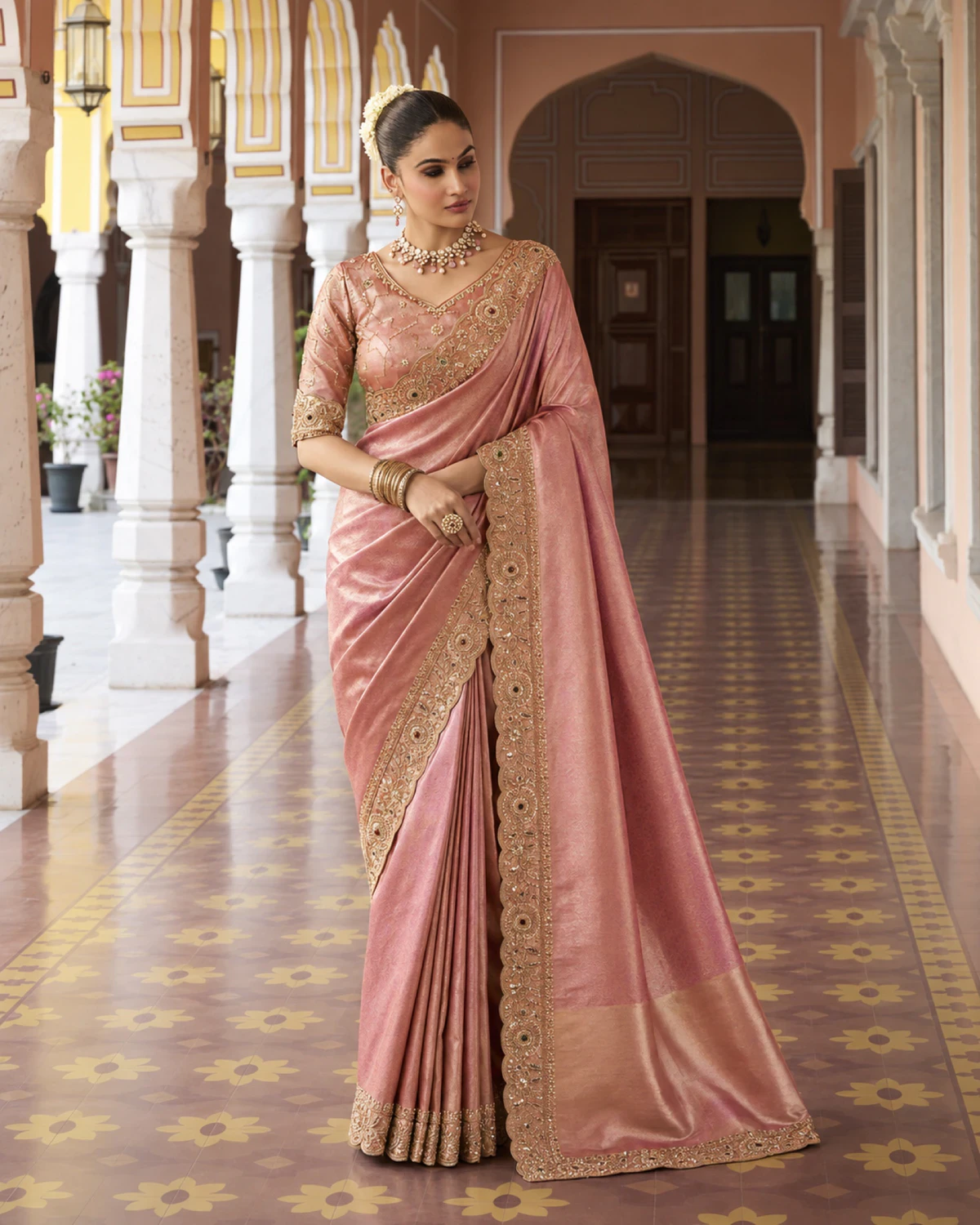Full-length view of the rose coral soft silk saree with its pallu falling over one arm