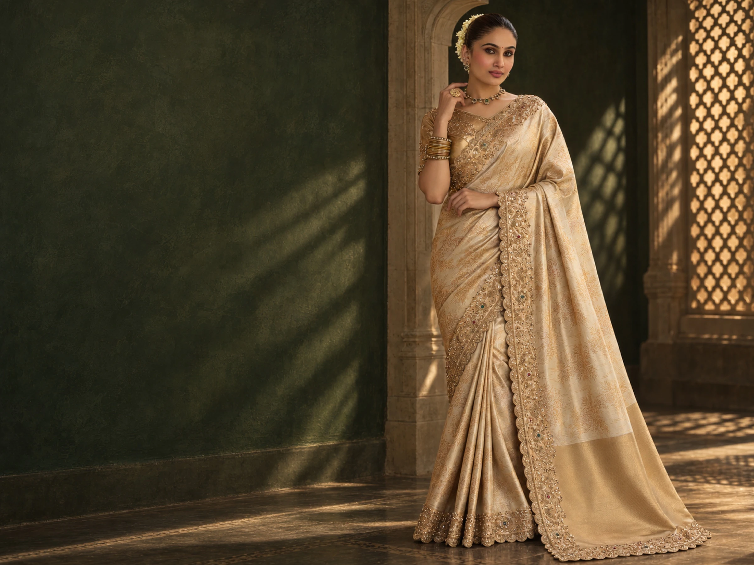 A woman in a champagne gold soft silk saree with a moti and sequin border, standing by a carved arch in a green room