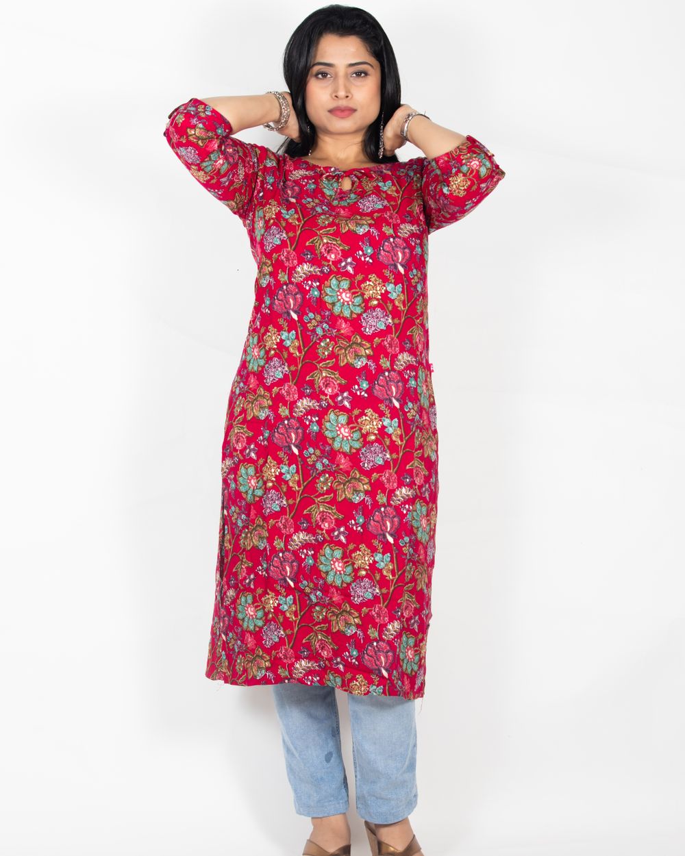 Gulnaar Printed Kurti in Rani red