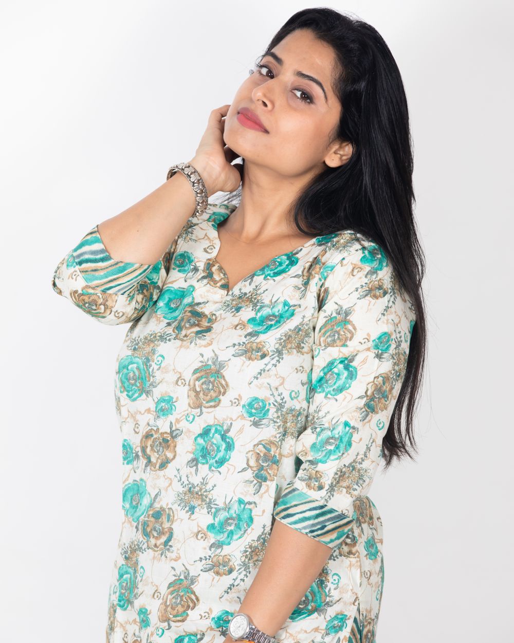 Saanjh Floral Kurti in Teal floral