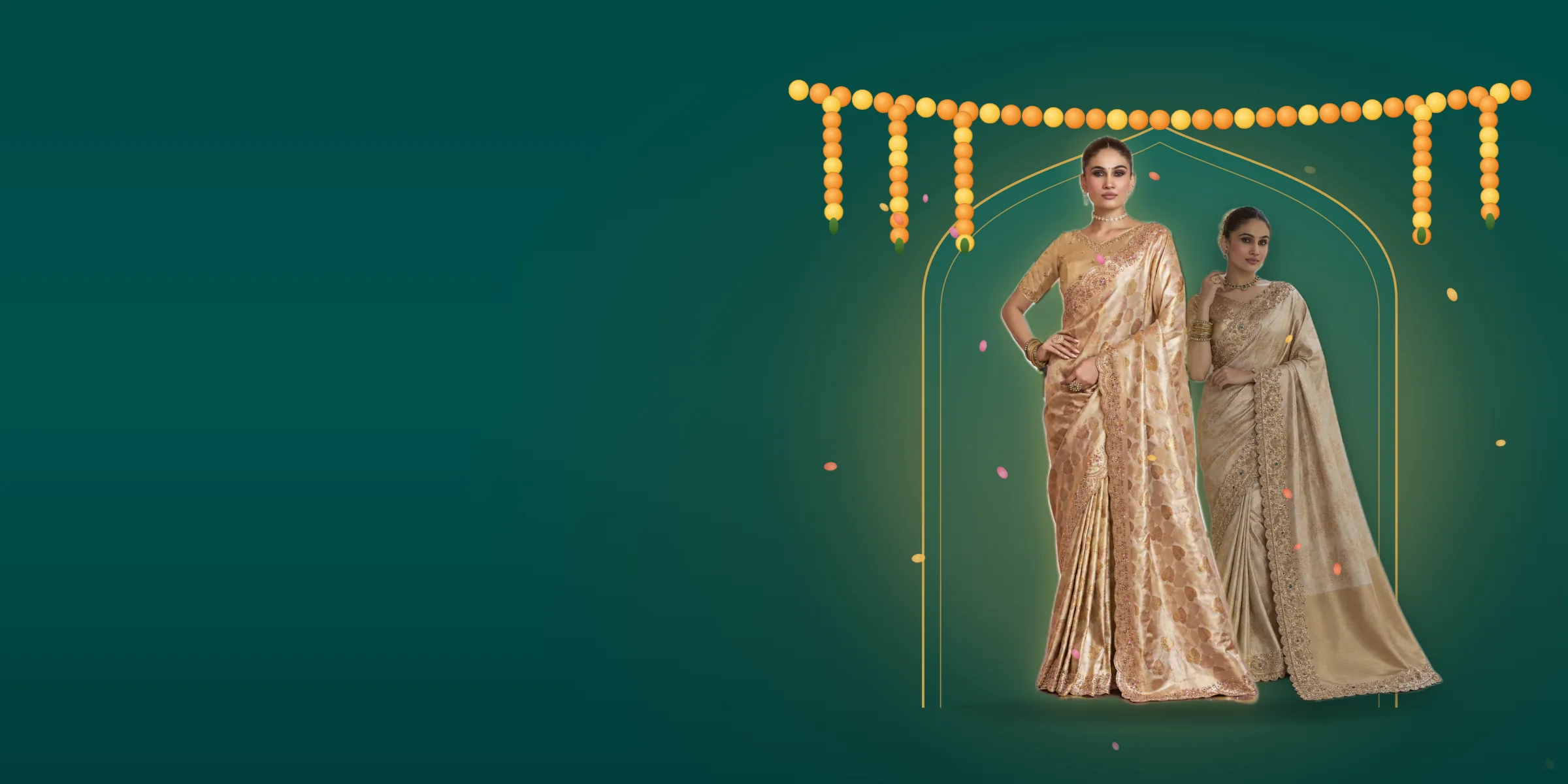 Two women in champagne and ivory soft silk sarees under a gold mandap with marigolds